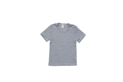 Kurzarm-Shirt/Unterhemd mit Rundhalsausschnitt, Wolle/Seide, Marine geringelt - Lilano
