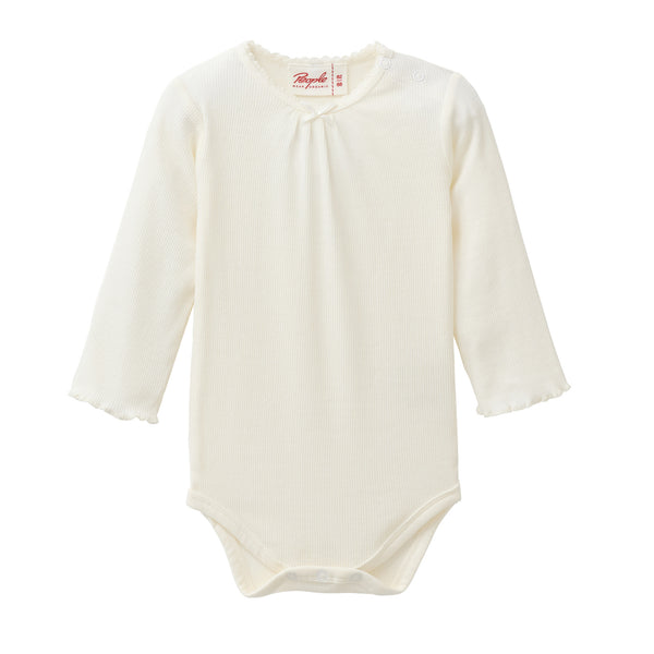 Langarmbody, Wollweiß mit Häkelkante - People Wear Organic