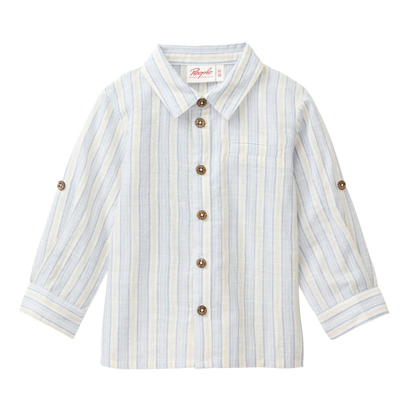 Hemd für Babys/Kleinkinder, Ärmel zum Umkrempeln, Hellblau/Weiß/Beige gestreift - People Wear Organic