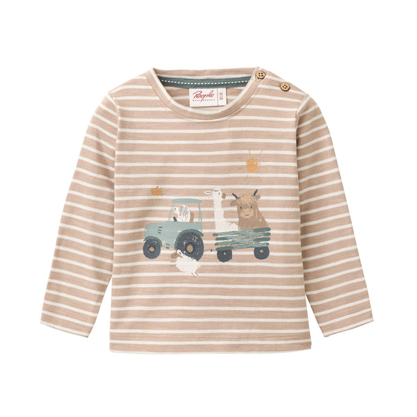 Langarmshirt (Longsleeve) Baby, Bauernhof-Print, Taupe (Beige) geringelt - People Wear Organic
