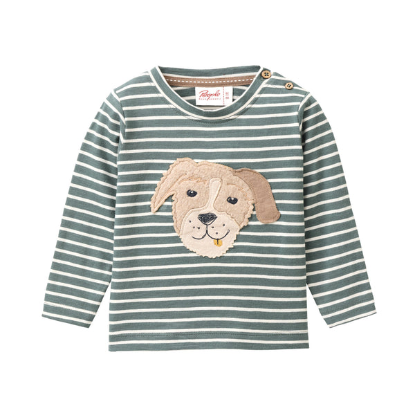 Langarmshirt (Longsleeve) Baby, Hunde-Applikation, Eukalyptus-Grün geringelt - People Wear Organic