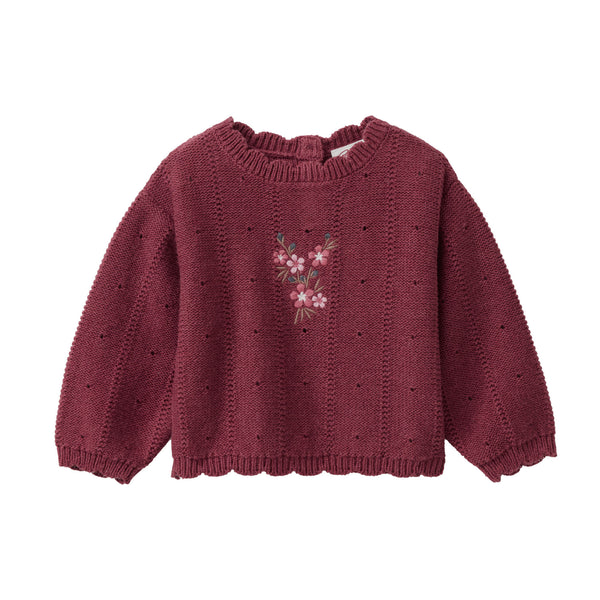 Strickpullover für Babys, Bordeaux Melange mit Blumen-Stickerei - People Wear Organic