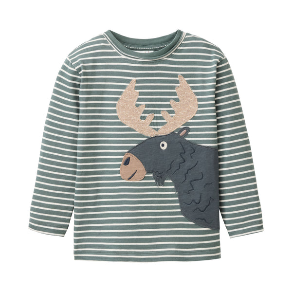 Langarmshirt (Longsleeve), Elch-Applikation, Eukalyptus-Grünen geringelt - People Wear Organic