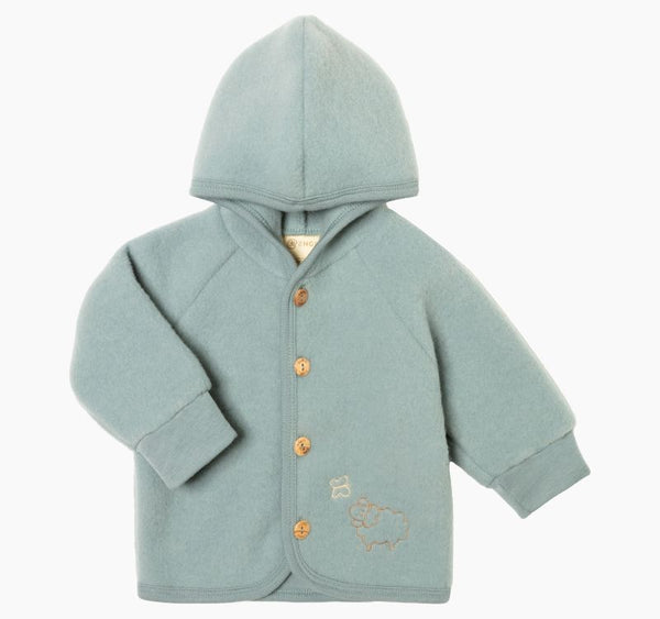 Limitiert! Babyjacke/Kinderjacke, Wollfleece, bestickt,  Bergblau Melange - Engel