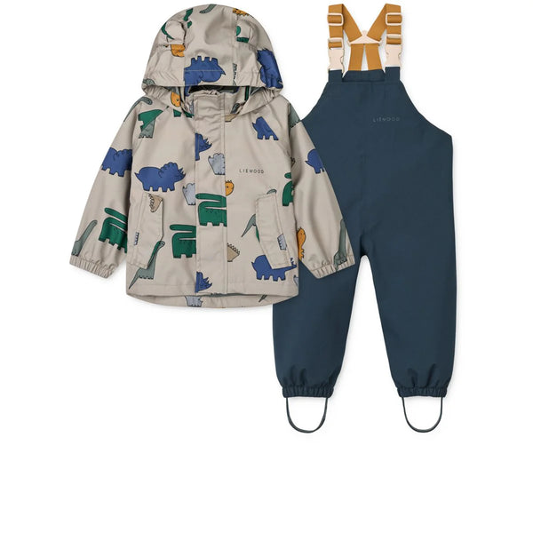 Regenbekleidungs-Set "Manu" (Jacke/Latzhose), Dinosaurs/Mist - Liewood