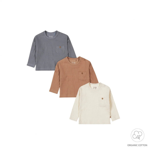 Set: 3 Langarmshirts (Longsleeves), Graublau, Hellbraun, Creme - Dirkje