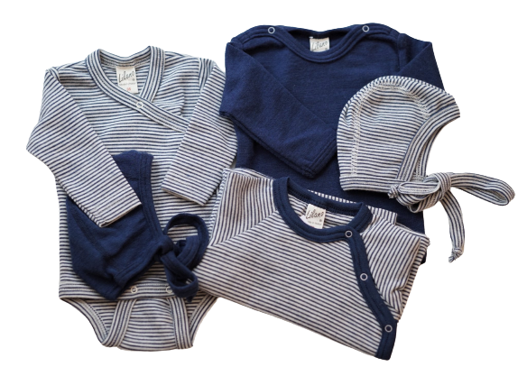 Jacke/Schlüttli (Shirt mit seitlicher Knopfleiste), Wolle/Seide, Marine geringelt - Lilano